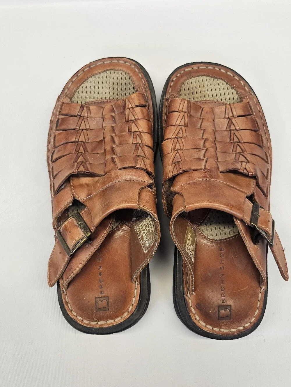 Vintage Y2k Brown Leather Chunky Sandals Basket Weave Mens 9 Slip On Slide
